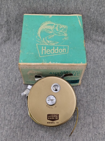 Vintage Heddon Mark IV Model 10 automatic fly fishing reel with original box and instructions. Paper