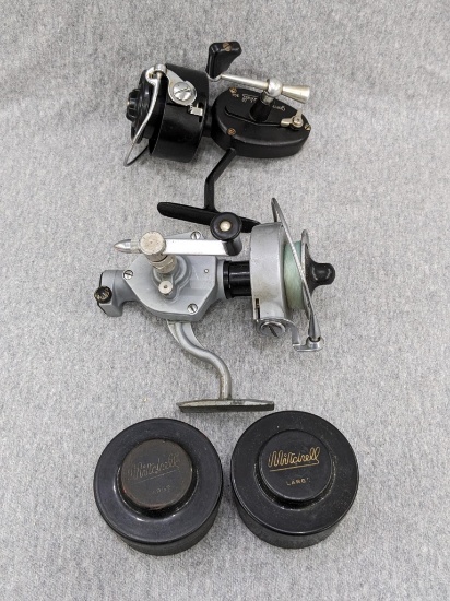 Vintage Pflueger Pelican 1020 spinning reel made in Ohio, and a Garcia Mitchell 304 spinning fishing