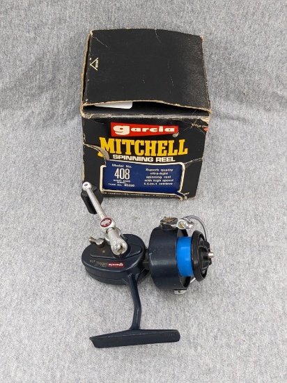 Vintage Garcia Mitchell 408 spinning reel with original box, service paper, freshwater spinning