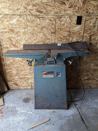 Menards 6" jointer with 1 phase, 1 hp induction motor. Stands 35" tall, 17" wide, and 45" long