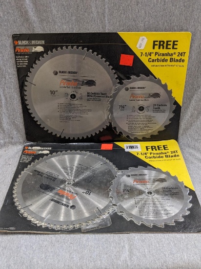 Two NIP Black & Decker 10" and 7-1/4" Piranha 24T carbide-tooth saw blade packages.