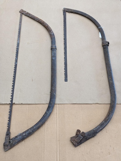 Two metal bow saws are 46" long. One needs a new blade.