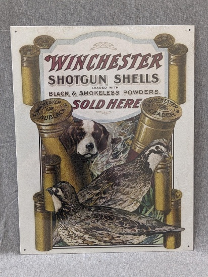 New metal Winchester Shotgun Shells steel sign is 16" x 12-1/2".