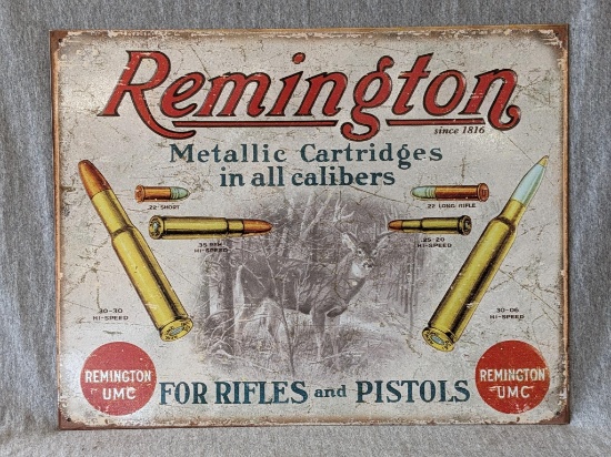 New steel Remington Metallic Cartridges in all Calibers sign is 16" x 12-1/2".