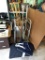 Adjustable height aluminum framed walkers and crutches, plus wooden crutches, a cane, chair pads,