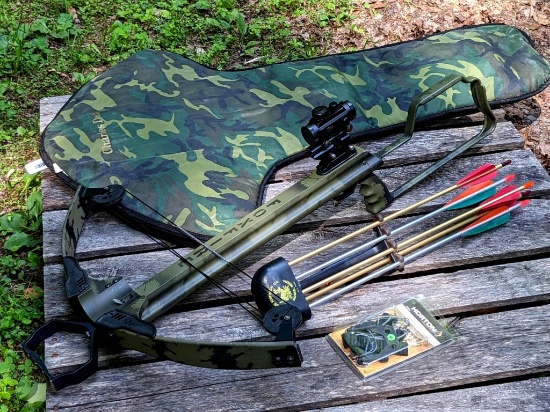 PSE Foxfire cross bow with five bolts, quiver, Horton cocking harness and Charles Daly case.