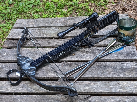 Barnett RC-300 cross bow has a Tasco scope and some powdery oxidation. Comes with five bolts and
