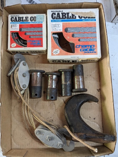 3" x 1-1/4" pins; recovery hook; 3/16" and 1/8" steel cable; pulley style fence stretcher.