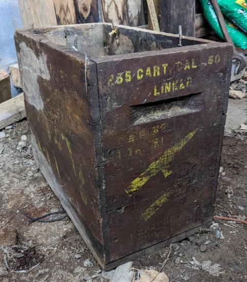 Cool wooden crate once held 255 rounds of linked .50 BMJ cartridges for US Military or allies.