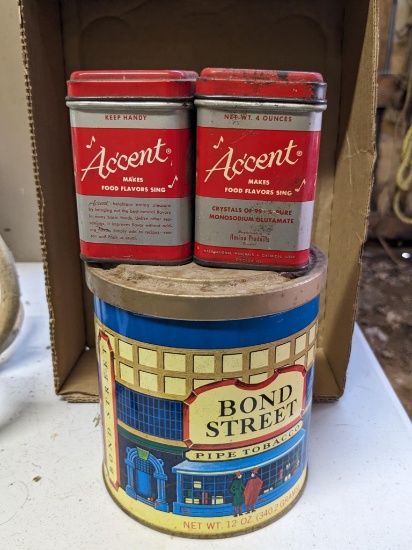 Bond Street pipe tobacco tin; plus some other cute tins. Largest 5".