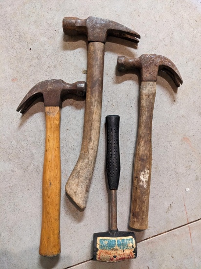 Stanley and other claw hammers and 3'' rubber mallet, heads are fairly tight, longest approx. 14''