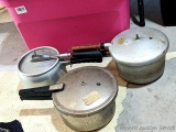 Will ship without tote. Two pressure cookers and more. Both with weights, Presto about 8-1/2