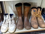 Men's Thinsulate work boots, Iron Age steel toe high-top shoes, and Northerner mud boots. All appear