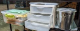 Tote filled with assorted paper, three drawer organizer, small galvanized can with lid.