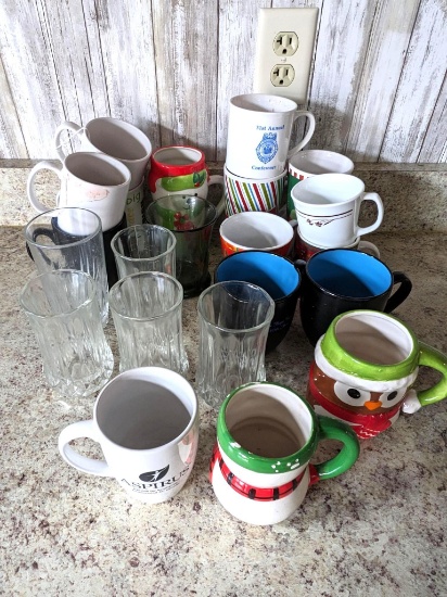 Nice variety of coffee mugs and a few glasses. Tallest mug is 6".
