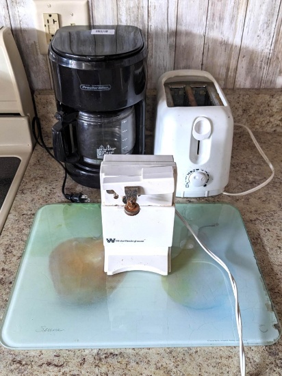 Proctor Silex 10 cup coffee maker, two slice toaster and a White Westinghouse electric can opener,