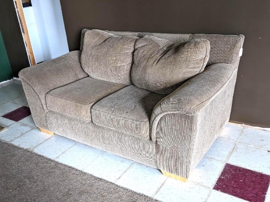 Love seat measures approx. 68" over arms and is in decent condition - great for cabin or basement.