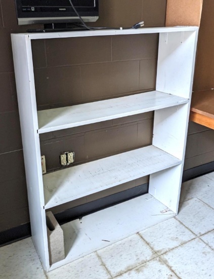 4' tall wooden shelf unit is 37" wide and 12" deep.