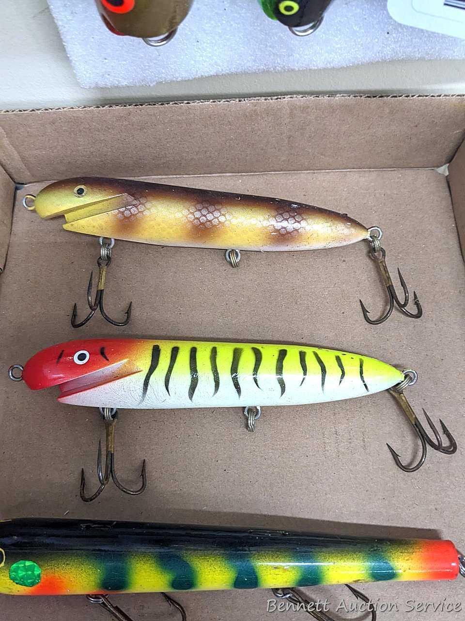 Five wooden fishing lures, all are about 8 long