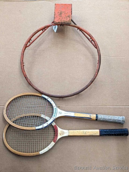 Vintage Wilson Jack Kramer and Windsor Slazenger tennis rackets and a 19" wide basketball hoop. All