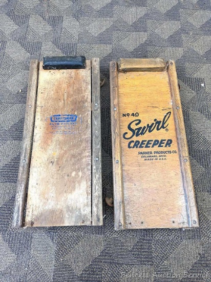 Swirl Creeper and Craftsman Auto Creeper, both wooden. Untested. Both 36" long.