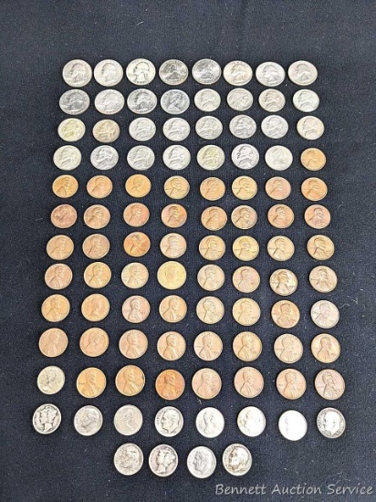 $1.10 face U.S. silver coin and other. Incl Mercury and other dimes; Buffalo, War, and other