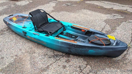 Old Town Sportsman 106 fishing kayak is about 10' long and has pole holders, adjustable foot pegs