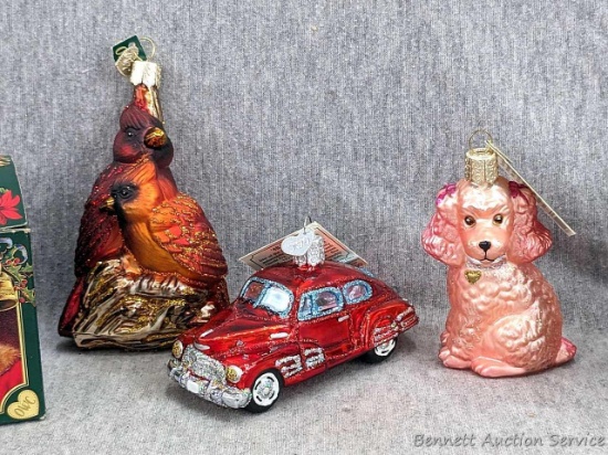 Three handblown glass Old World Christmas ornaments including Cardinals, 5"; pink poodle and 1948