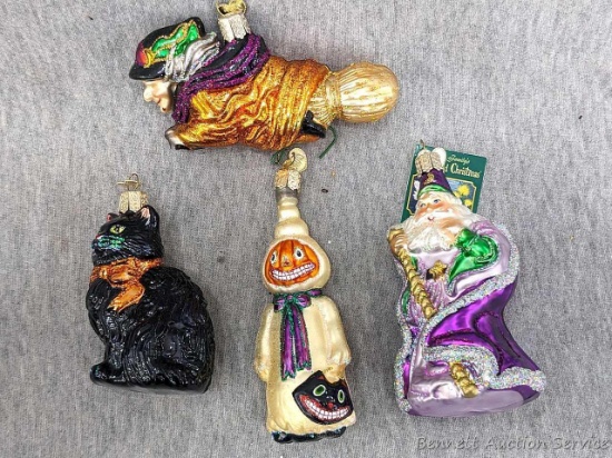 Old World Christmas brand ornaments featuring Halloween figures. Wizard measures 5" tall.