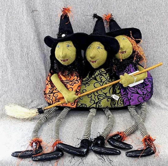 Sister Witches Halloween shelf decor measures approx 22" wide over broom x 14" tall from hat to