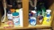 Full and partial containers of cleaning & household supplies including Lysol cleaner, wipes, window