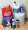 5' x 6' area rug; Full and partial containers of laundry detergent, bleach, ant spray, stain