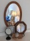 Vintage side chair; framed wall mirror is approx. 2-1/2' tall; other mirror, dressing table supplies