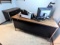 Six drawer steel office desk and matching credenza, plus a hard plastic desk mat. All drawers and