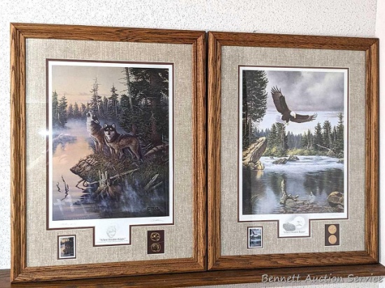 Pair of nicely framed and matted "Where Freedom Reigns" prints with Earth Day stamps and coins. Both