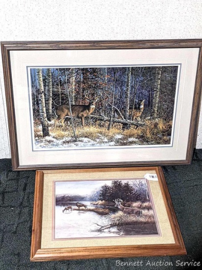 Two nicely framed and matted deer prints. Smaller by Julie Crocker and larger by Scott Zoellick.