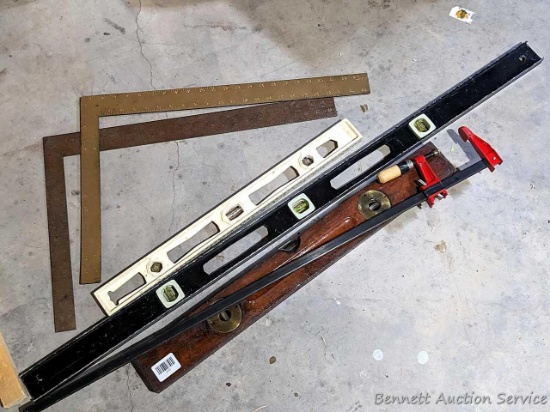 Vintage Stanley No. 30 wooden level about 28" long, 39" bar clamp, other levels with good vials,