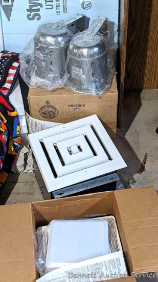 NIB Broan Model 361 ventilator, two new recessed light fixtures about 7" wide over white part and 8"