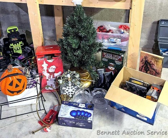 Christmas supplies as pictured incl 3' tree, horn, child's 7-1/3 SLM ice skates, New Bright