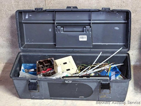 26" tool tote full of electrical supplies including plates, boxes, some wire, more.
