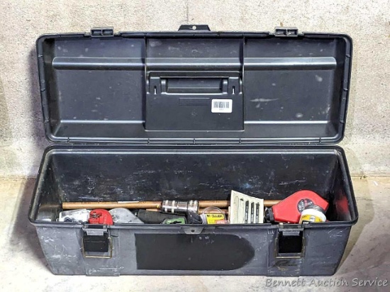 26" tool tote full of plumbing supplies including copper pipe, pipe cutter, TFE paste, more.
