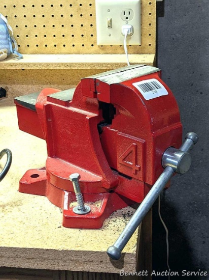 4" swiveling bench vise, jaws are very sharp and good. Moves smoothly and in near new condition.