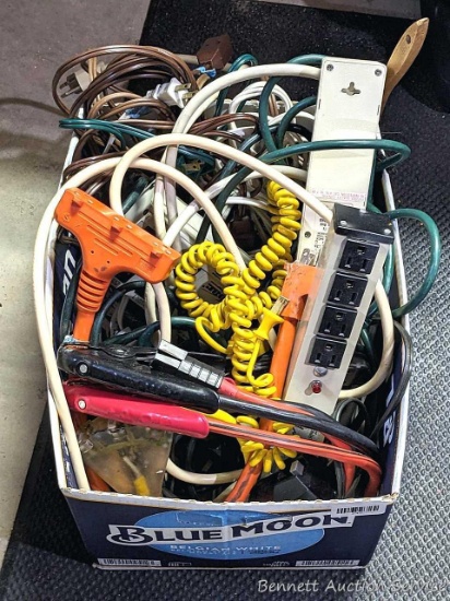 16" box with heavy duty extension cords, splitters, power strips, more.