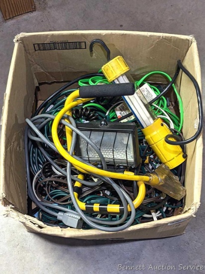 16" box of extension cords, work lights, splitters, more.