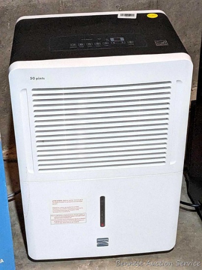Nice Kenmore 50 pint dehumidifier runs and looks like it's in nice condition. About 23" tall.