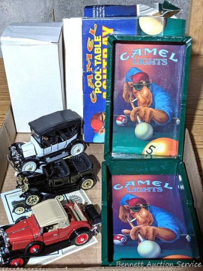 Two Camel cigarette pool table ashtrays and three model cars with boxes and COAs. Cars up to about