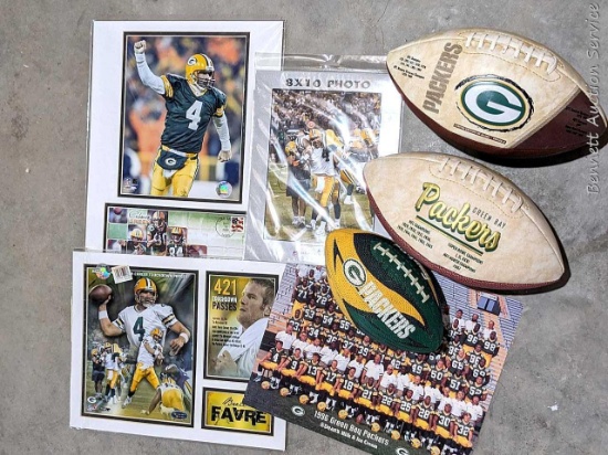 Green Bay Packers pieces up to 16" x 12" incl Favre and other, plus three footballs.