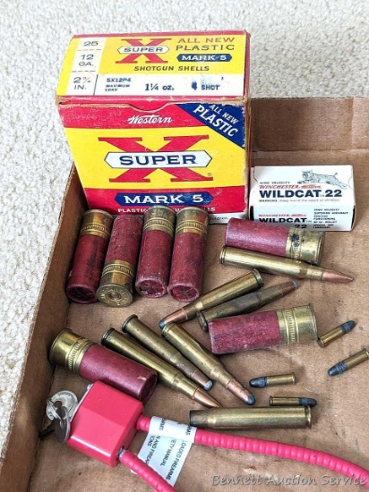 Full box Western SuperX 12 gauge shot shells, No. 4 shot. Full box Winchester Western Wildcat .22LR