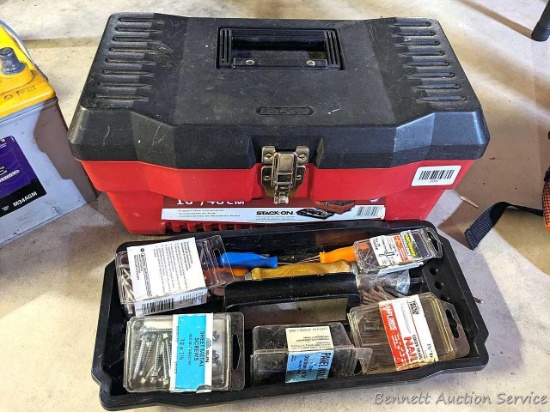 Stack On 16" tool box with several types of fasteners, screws and nails.