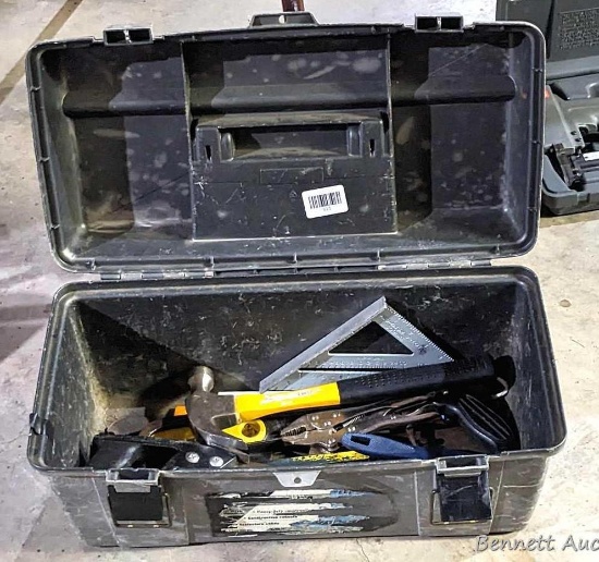 20" tool tote, contents include hammer, locking pliers, saws, squares, more.